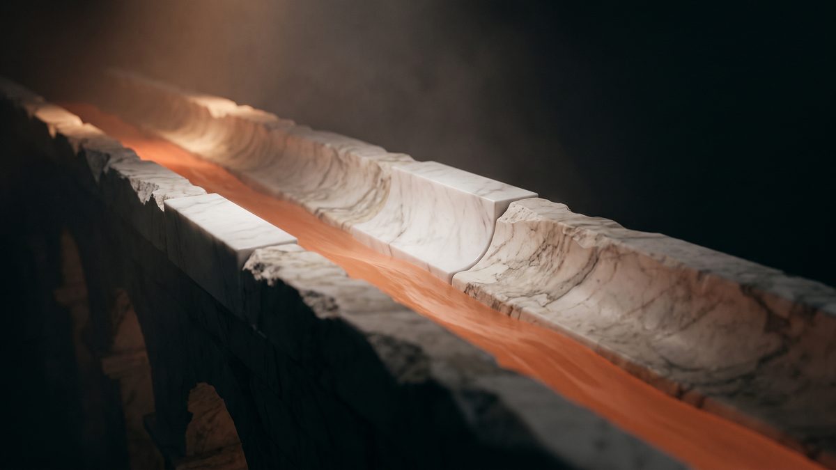 Aqueduto de mármore com um trecho remendado e a luz voltando a correr inteira
