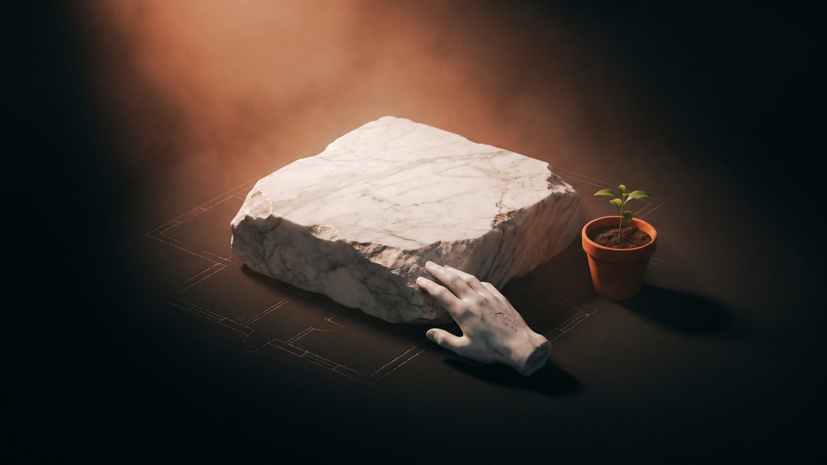 Primeira pedra de mármore sendo assentada sobre a planta riscada no chão