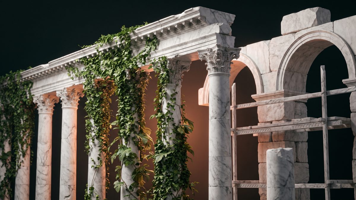 Colunata de mármore já erguida e um arco novo em construção ao lado