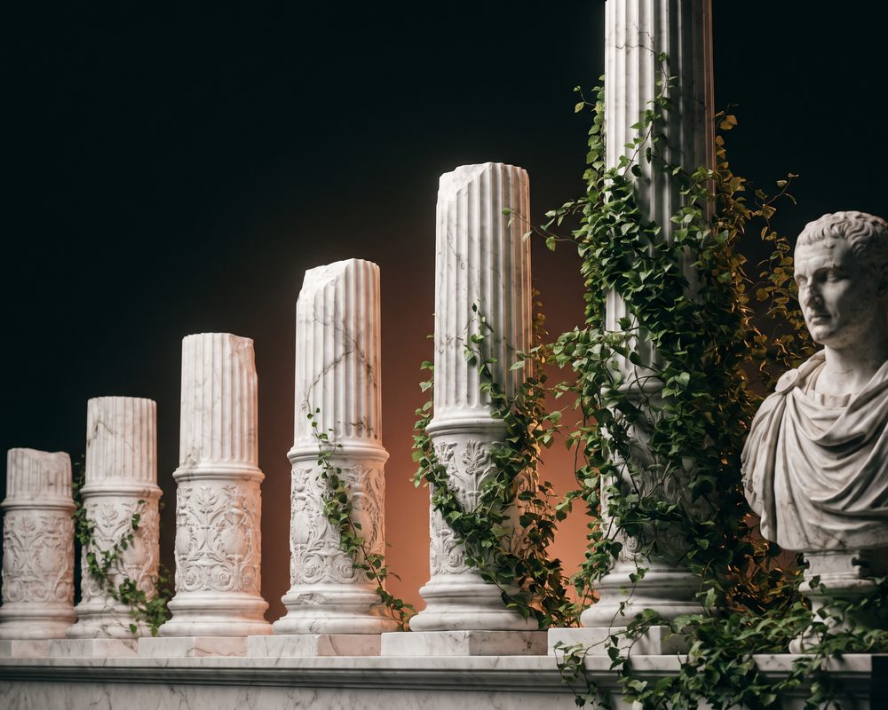 Busto diante de colunas de mármore de altura crescente