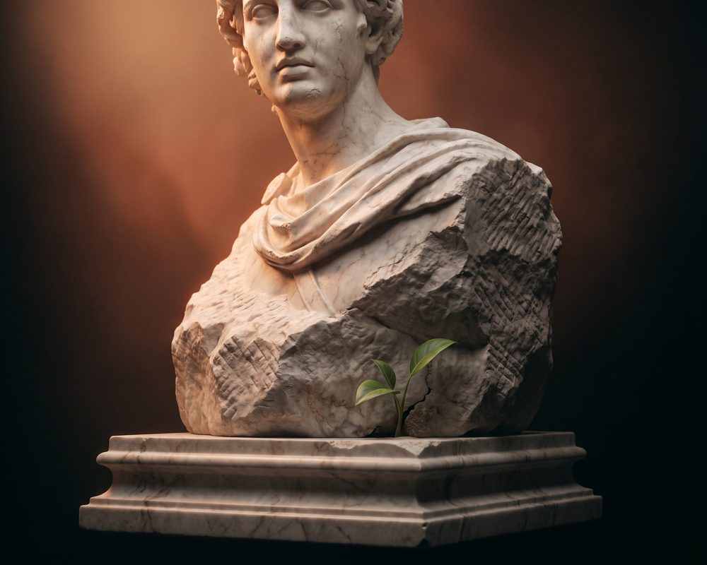 Busto emergindo de um bloco de mármore bruto sobre um plinto